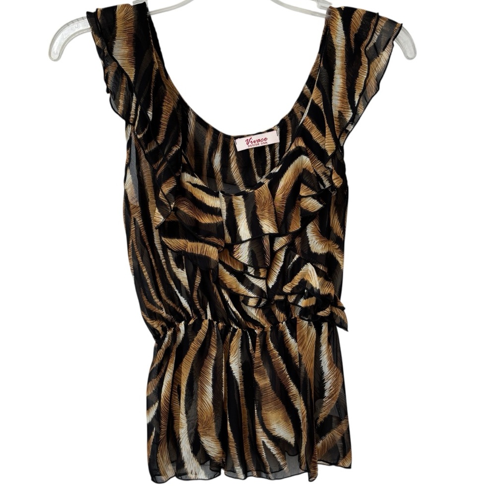 Vintage Vivace Animal Print Ruffle Top Women’s Medium Semi Sheer Black Tan Beige